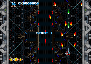 Stage 1 starting with one ship, PRESS START in player 2's corner