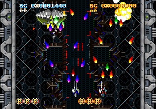 Two ships firing in stage 1, player 2's score in gold on the right