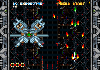 Player 1 alone under a large enemy, PRESS START in player 2's corner