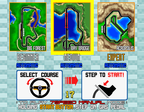 The Practice select screen with the row at its start: BIG FOREST, BAY BRIDGE highlighted in the middle frame, ACROPOLIS