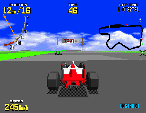 Alpine: the player's car 7th at a checkpoint gantry at 324 km/h, the road curving ahead under a cloudy sky
