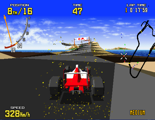 Amazon Falls: the player's car 6th at 330 km/h with flags and a gantry ahead, an opponent at the left edge