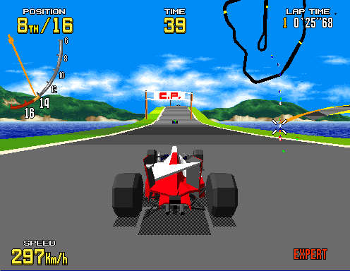 Diablo Canyon: the player's car 15th at 207 km/h on the road along the water, the field small ahead