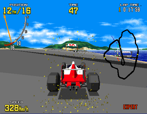 Metropolis: the player's car 13th at 324 km/h on the road along the water, hills behind
