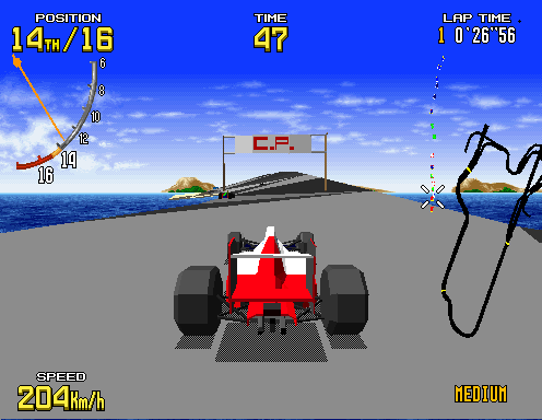 Surfers Oval: the player's car 11th at 331 km/h between a white car on the left and a green one on the right, the sea beyond