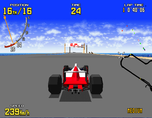 Surfers Road: the player's car 16th at 306 km/h under a C.P. gantry